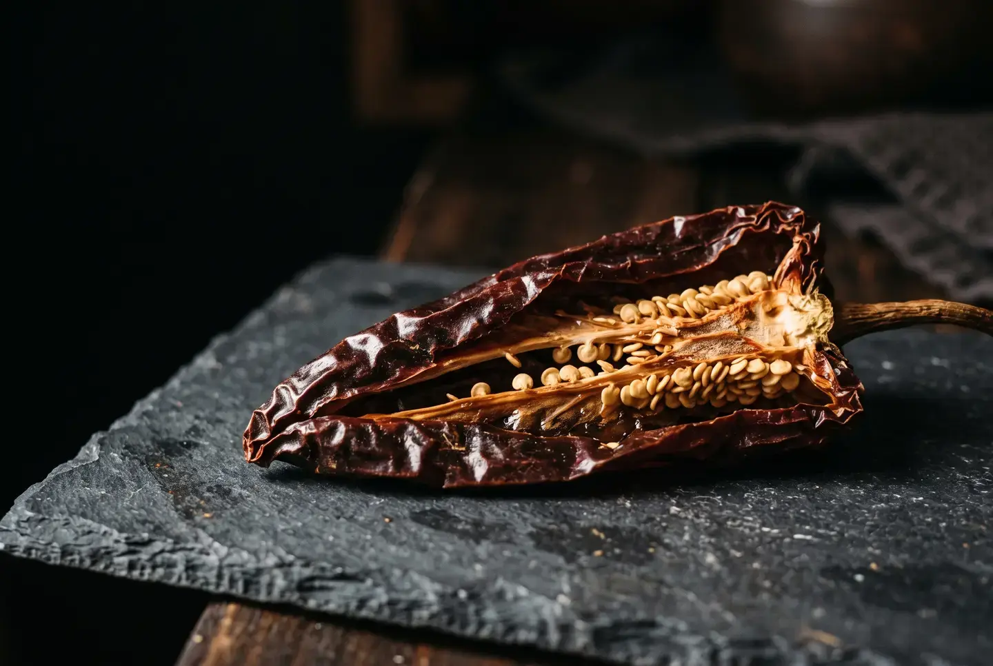 Dried ancho chile split open showing seeds, on slate