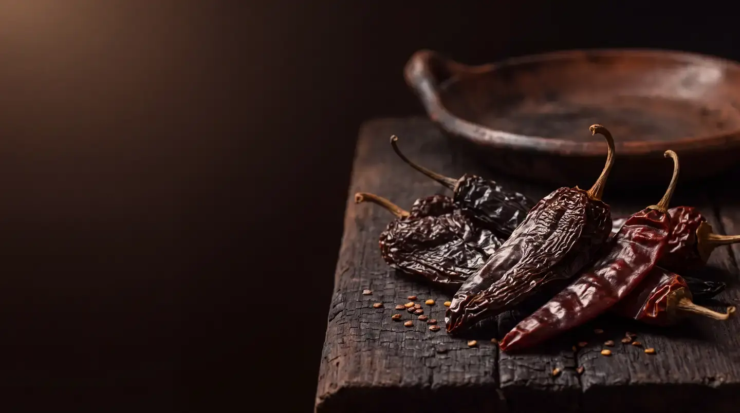 Dried ancho, pasilla and guajillo chiles on dark wood