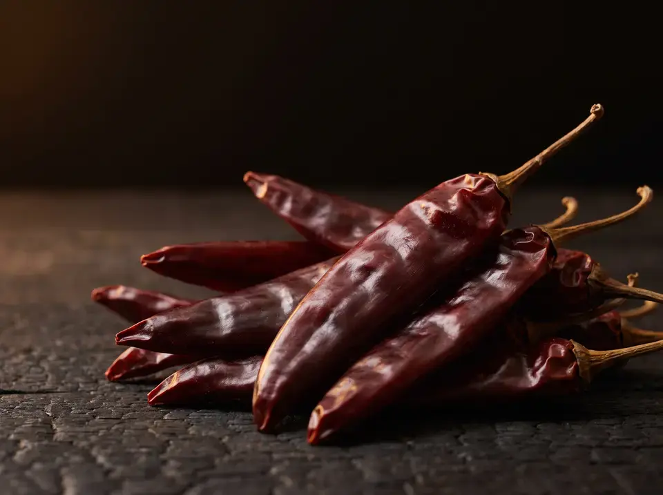 Whole dried guajillo chile from Zacatecas, close-up on a dark background
