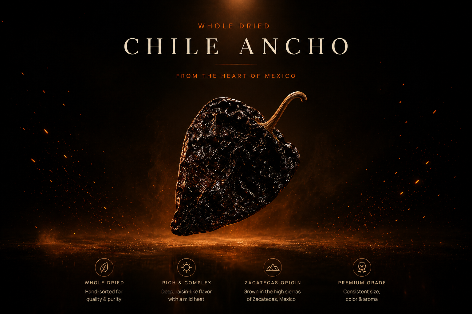 Whole dried Chile Ancho Seco — from the heart of Mexico