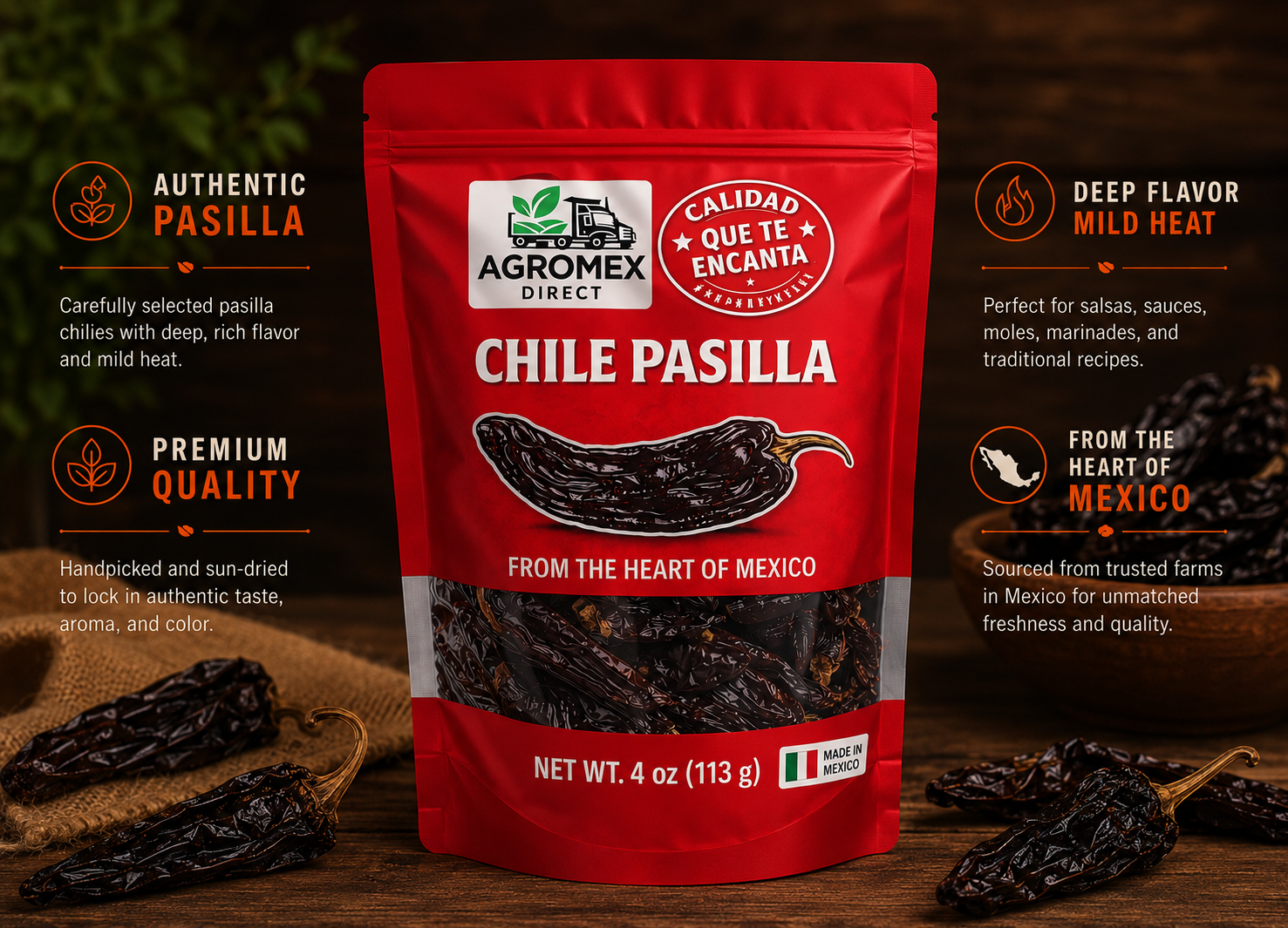 Chile Pasilla 4 oz — authentic, premium quality, deep flavor with mild heat