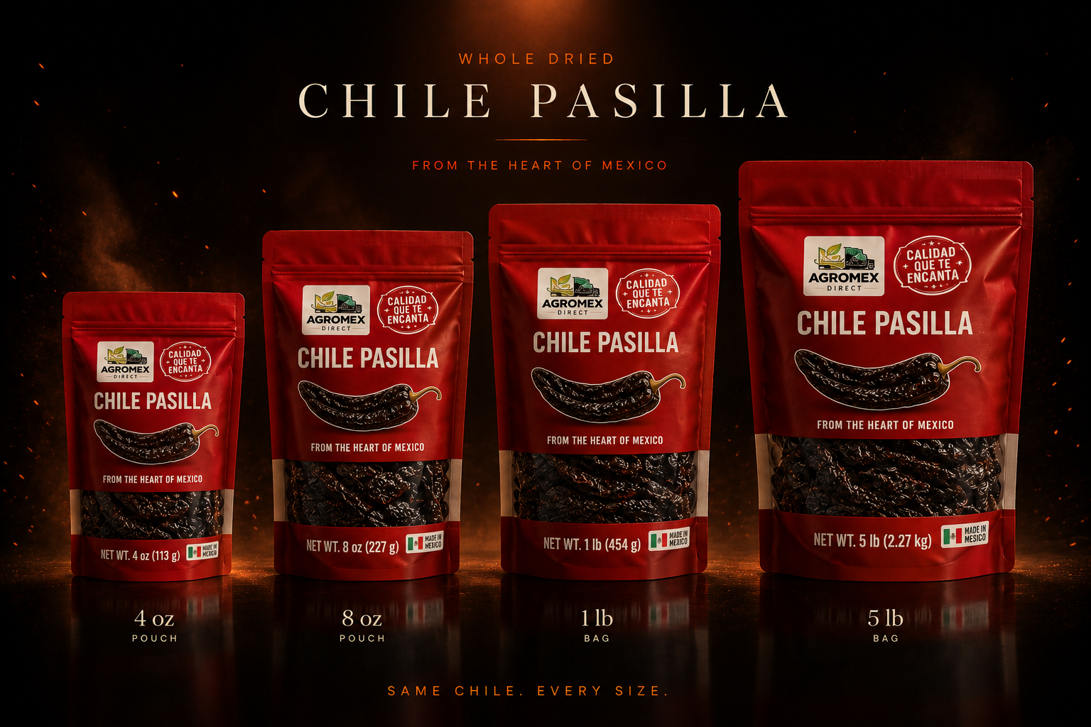 Whole dried Chile Pasilla — 4 oz, 8 oz, 1 lb, 5 lb · same chile every size